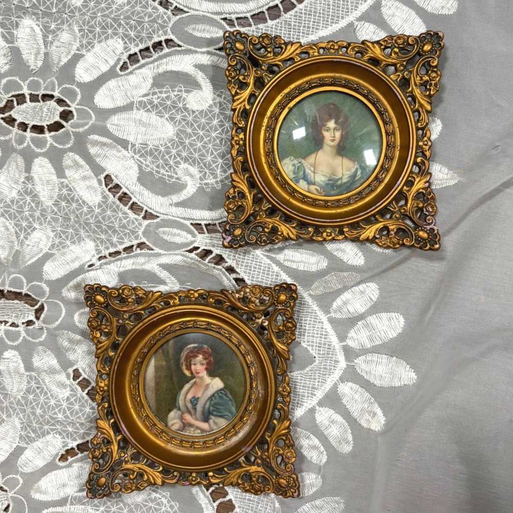 Vintage A Cameo Creation Miniature Framed Portraits Mrs Croker & Mary Set of 2